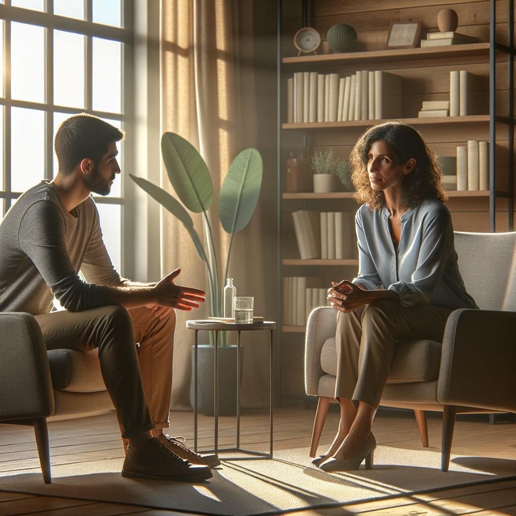 Therapeut und Patient im vertrauensvollen Erstgespräch in einer professionellen Praxis mit warmer, einladender Atmosphäre